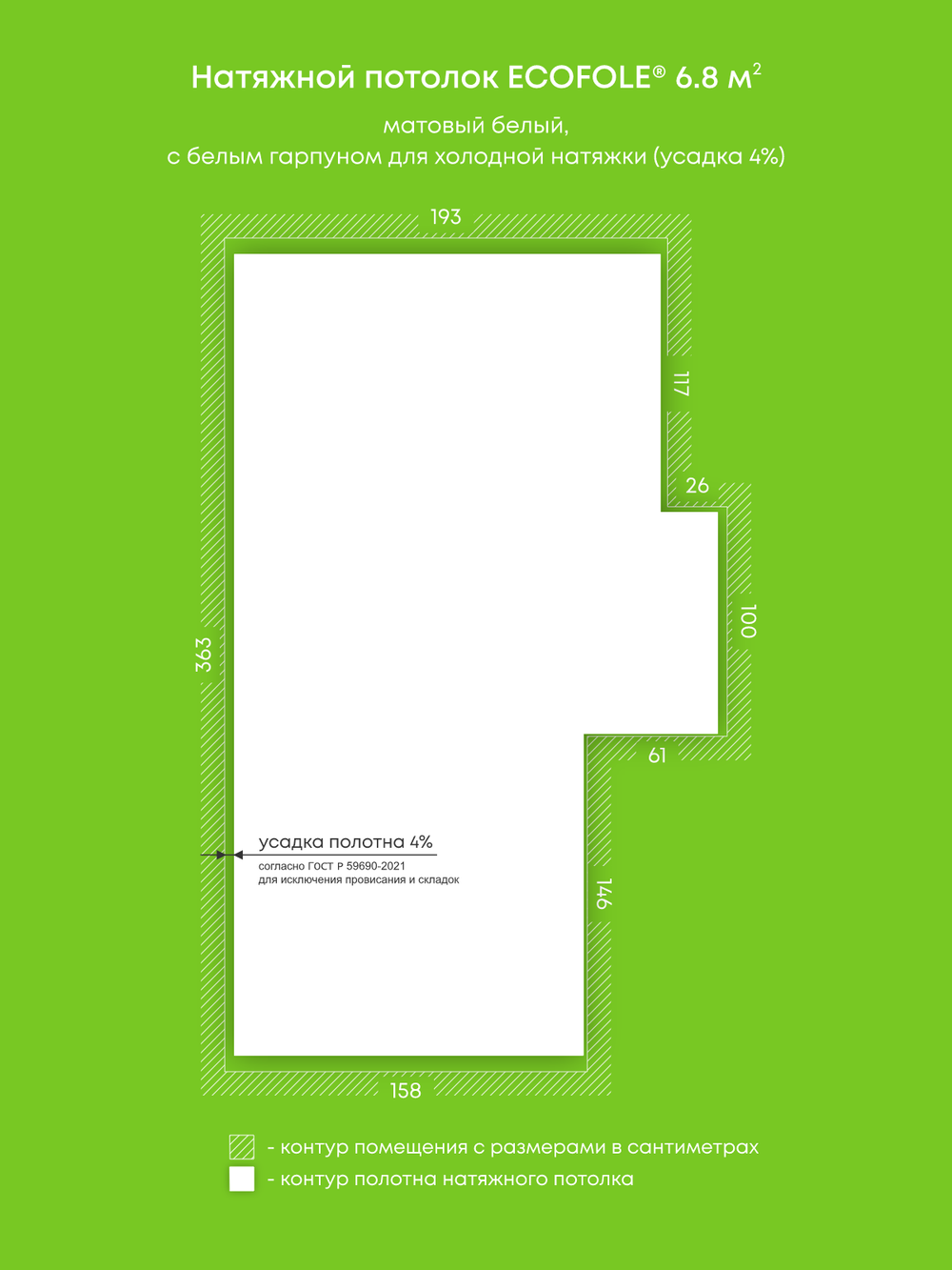 Матовый натяжной потолок 6.8 м2