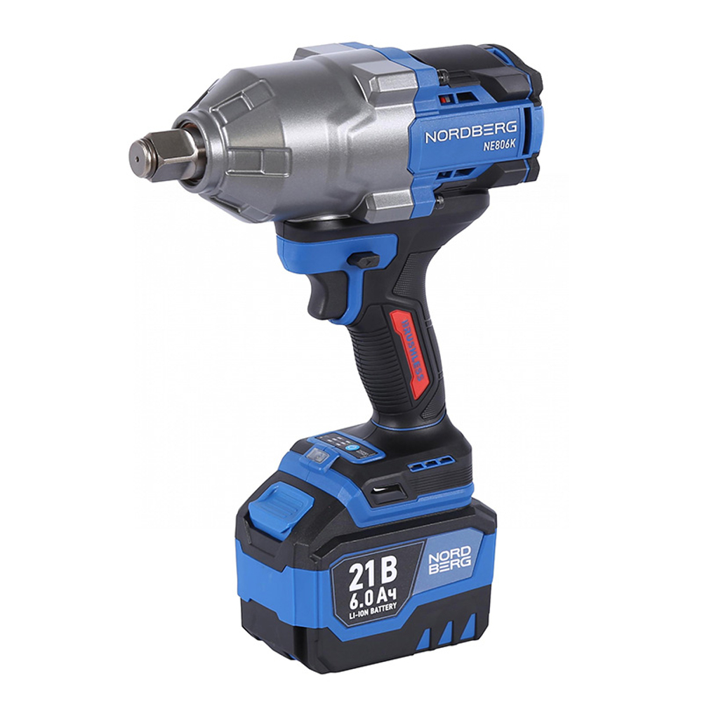 NORDBERG (NE806K-3/4) Гайковерт аккумуляторный, 3/4", 21 В, 1500 Нм, 2 аккумулятора 6 A и зарядное устройство, в кейсе