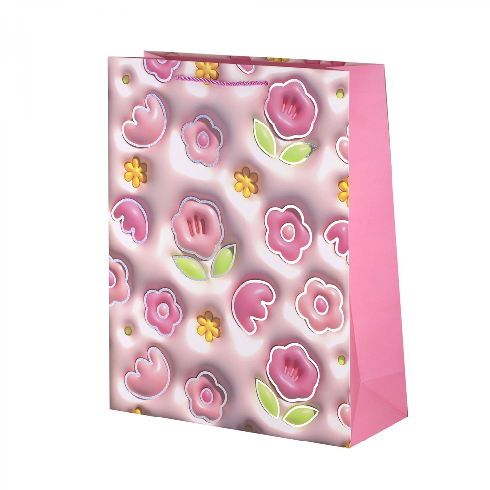 Пакет подарочный бумажный Alingar, (L+) 26х32х10 см, вертикальный, "Нежные цветочки", матов. ламинация, тиснение голография, эффект 3D, ассорти