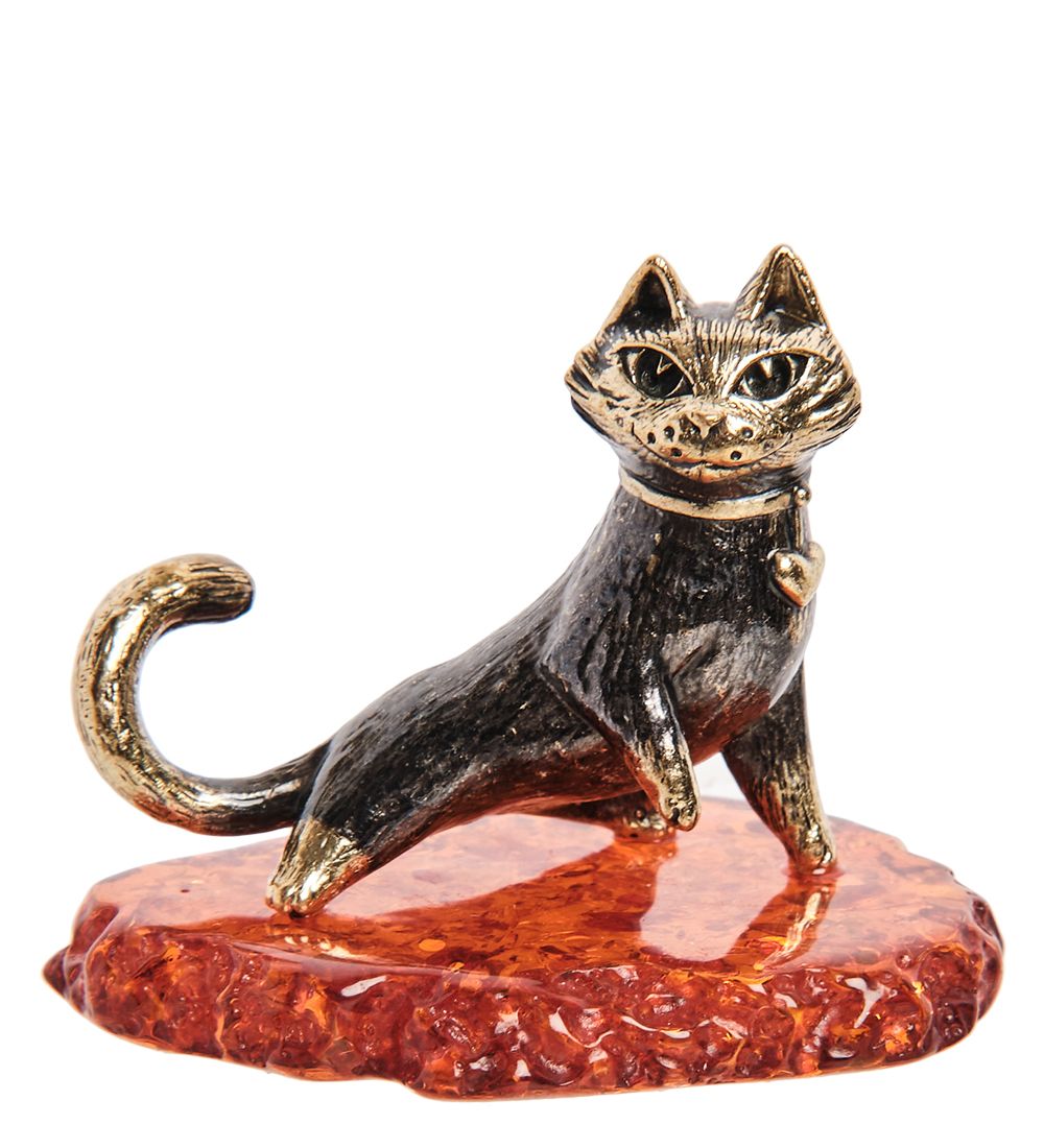 Народные промыслы AM-2139 Фигурка «Кошка с сердечком» (латунь, янтарь)