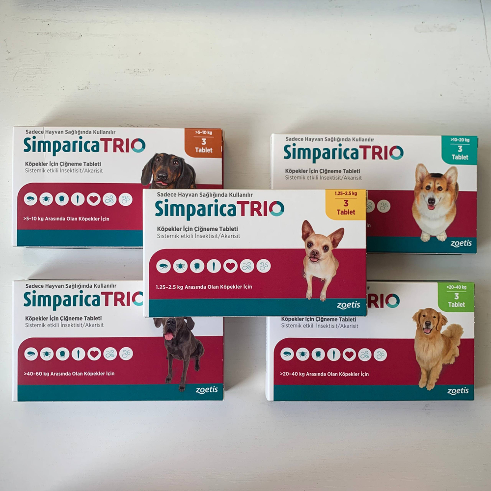 Симпарика ТРИО — это жевательные таблетки для собак, которые обеспечивают комплексную защиту от блох, клещей и гельминтов.