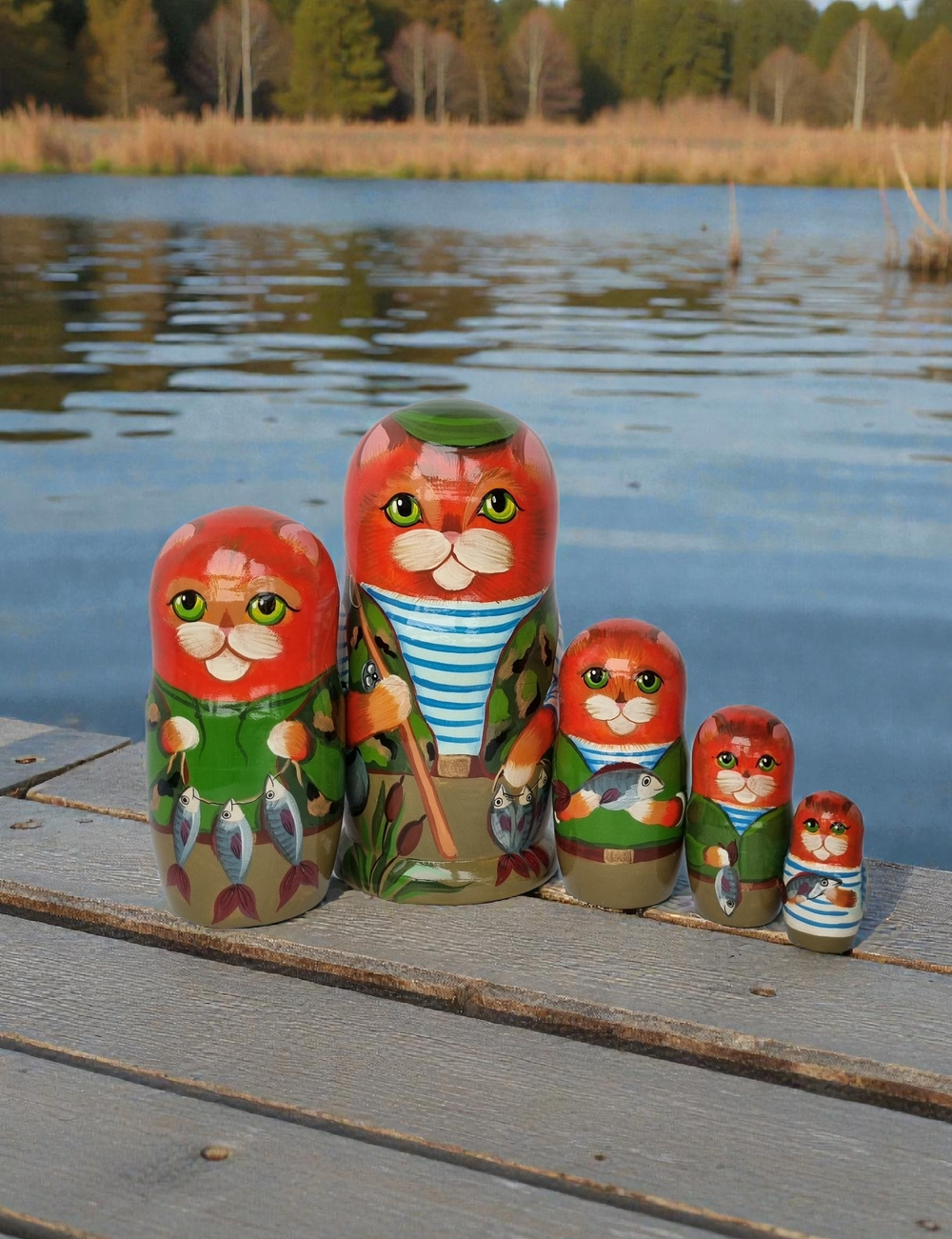Матрешка "Котик Рыбак Рыжик" 5 мест