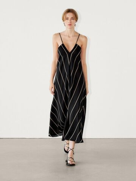 Massimo Dutti 100% льняное полосатое платье, черный