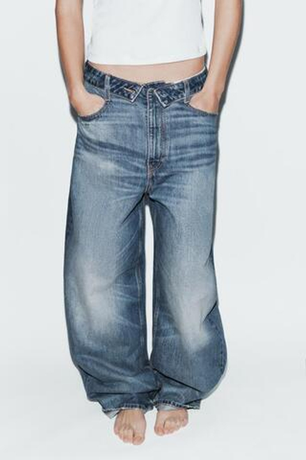 ZARA ДЖИНСЫ TRF СО СРЕДНЕЙ ПОСАДКОЙ И ОТЛОЖНЫМ ПОЯСОМ, МОРСКОЙ СИНИЙ