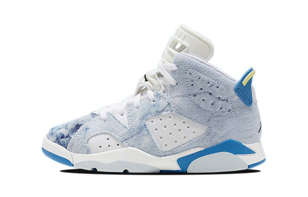 Middle-aged children Jordan Air Jordan 6 Retro Washed Denim retro non-slip wear-resistant lightweight middle-help children's basketball shoes white and blue