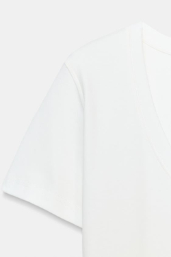 ZARA ФУТБОЛКА INTERLOCK С КОРОТКИМИ РУКАВАМИ, ЖЕЛТОВАТО-БЕЛЫЙ