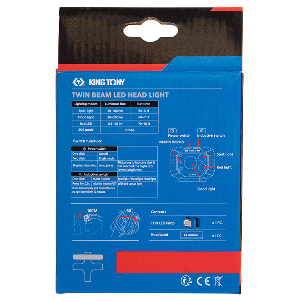 KING TONY (9TA53) Фонарь светодиодный налобный, ААА, 400 люмен