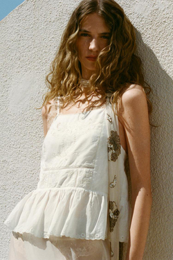 ZARA ТОП С ЦВЕТОЧНОЙ ВЫШИВКОЙ И ЗАВЯЗКАМИ, ЖЕЛТОВАТО-БЕЛЫЙ