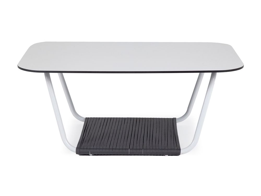 "Гранада" журнальный стол 90х60см из HPL, цвет "молочный", каркас белый муар, роуп темно-серый круглый