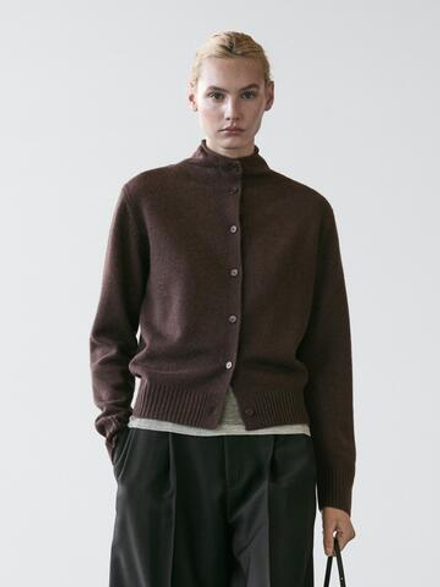 Massimo Dutti Вязаный кардиган с высоким воротником, шоколадно-коричневый