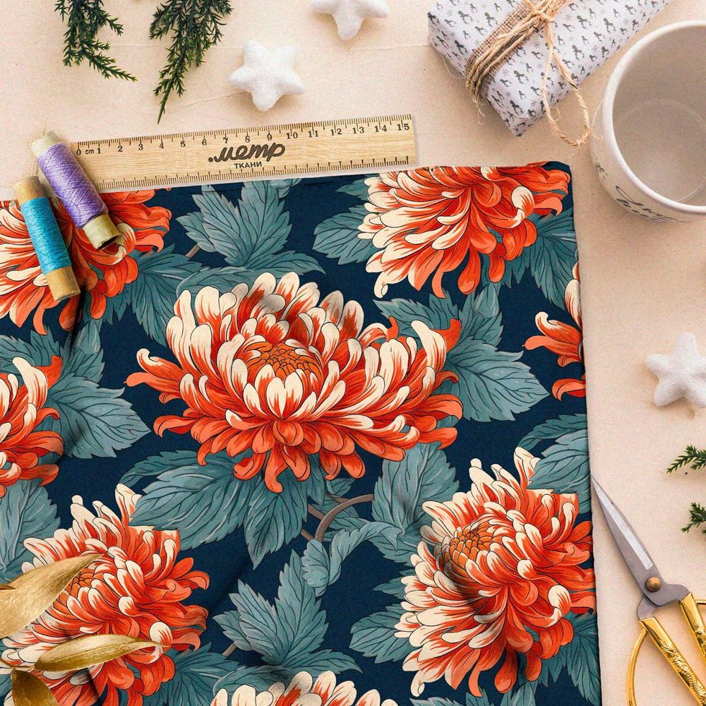 Ткань премиум Оксфорд 600D хризантемы на сероголубых листьях