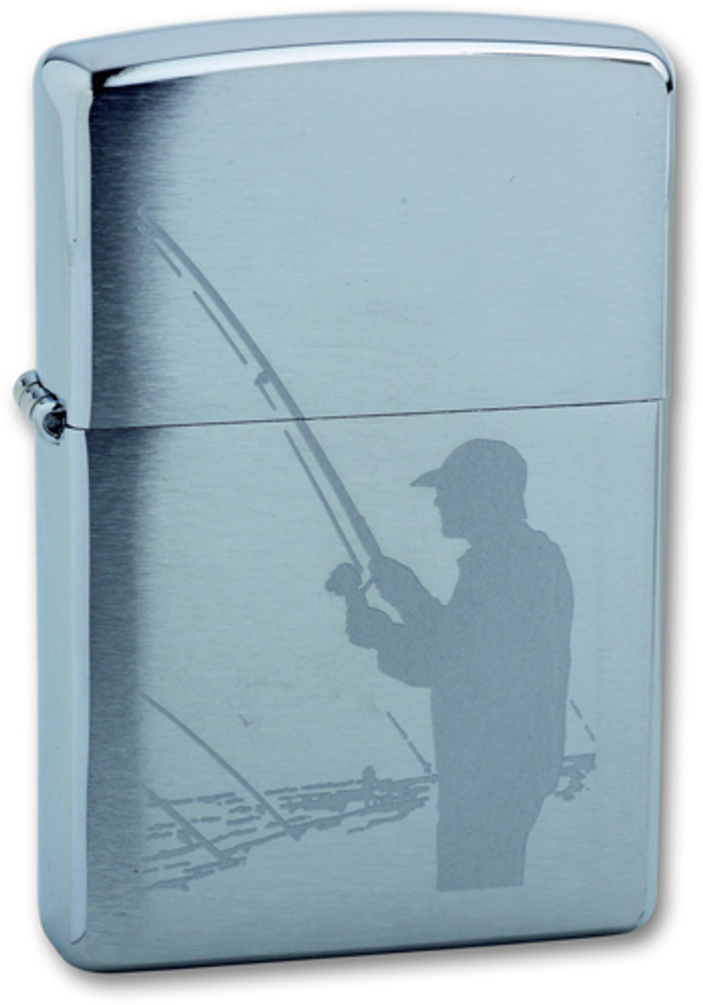 Легендарная классическая американская бензиновая широкая зажигалка ZIPPO Classic Brushed Chrome™ серебристая матовая из латуни и стали с изображение рыбака с добычей ZP-200 Fisherman