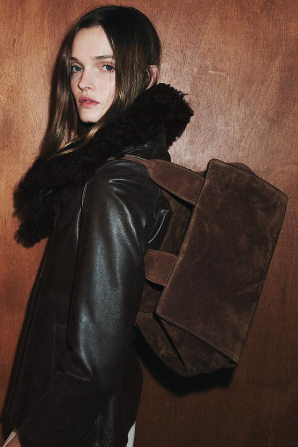 ZARA ЗАМШЕВАЯ СУМКА С ДВОЙНОЙ РУЧКОЙ, КОНЬЯЧНО-КОРИЧНЕВЫЙ