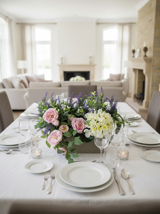 Композиция Мэри из цветов в длинном светлом кашпо