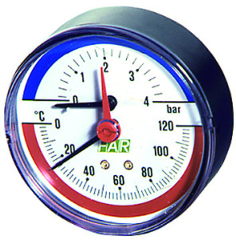 Термоманометр 1/2", торцевое соединение, 0-10 бар, 0...120°С, ф80 мм FAR