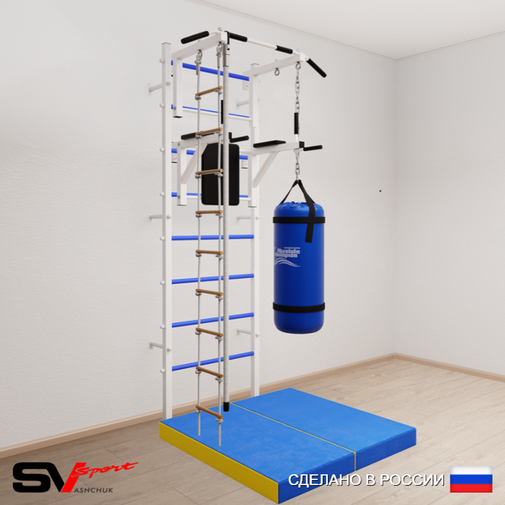 Шведская стенка Sv Sport усиленная 6756 (Турник стандарт/Брусья/Канат/Лестница/Цепь/Мешок 22кг/Мат 1м)