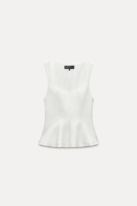 ZARA ТОП ИЗ ЭЛАСТИЧНОЙ ТКАНИ С БАСКОЙ, БЕЛЫЙ
