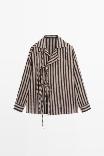 Massimo Dutti Рубашка в полоску с запáхом и завязками, черный