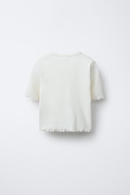 ZARA ФУТБОЛКА В РУБЧИК С БУСИНАМИ, БЕЖЕВЫЙ