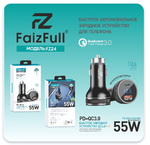 Автомобильное зарядное устройство FaizFull FZ24 PD30W+QC3.0 3A Type-C+USB с вольтметром, Black
