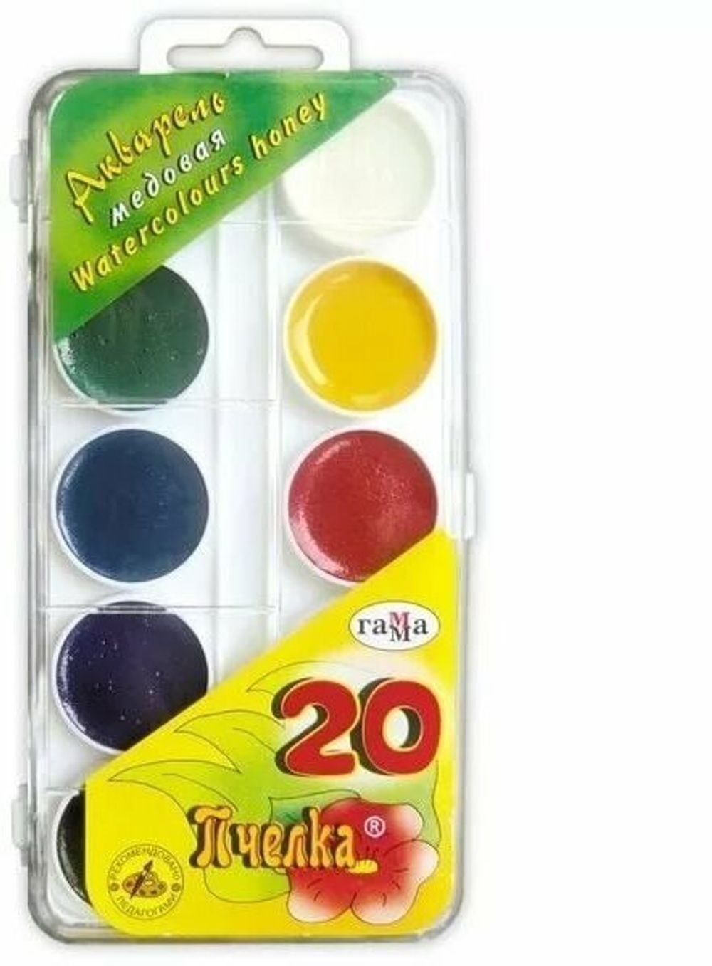 Краски акварельные ГАММА "Пчелка", 20 цветов, медовые, без кисти, пластиковая коробка, европодвес, 212033
