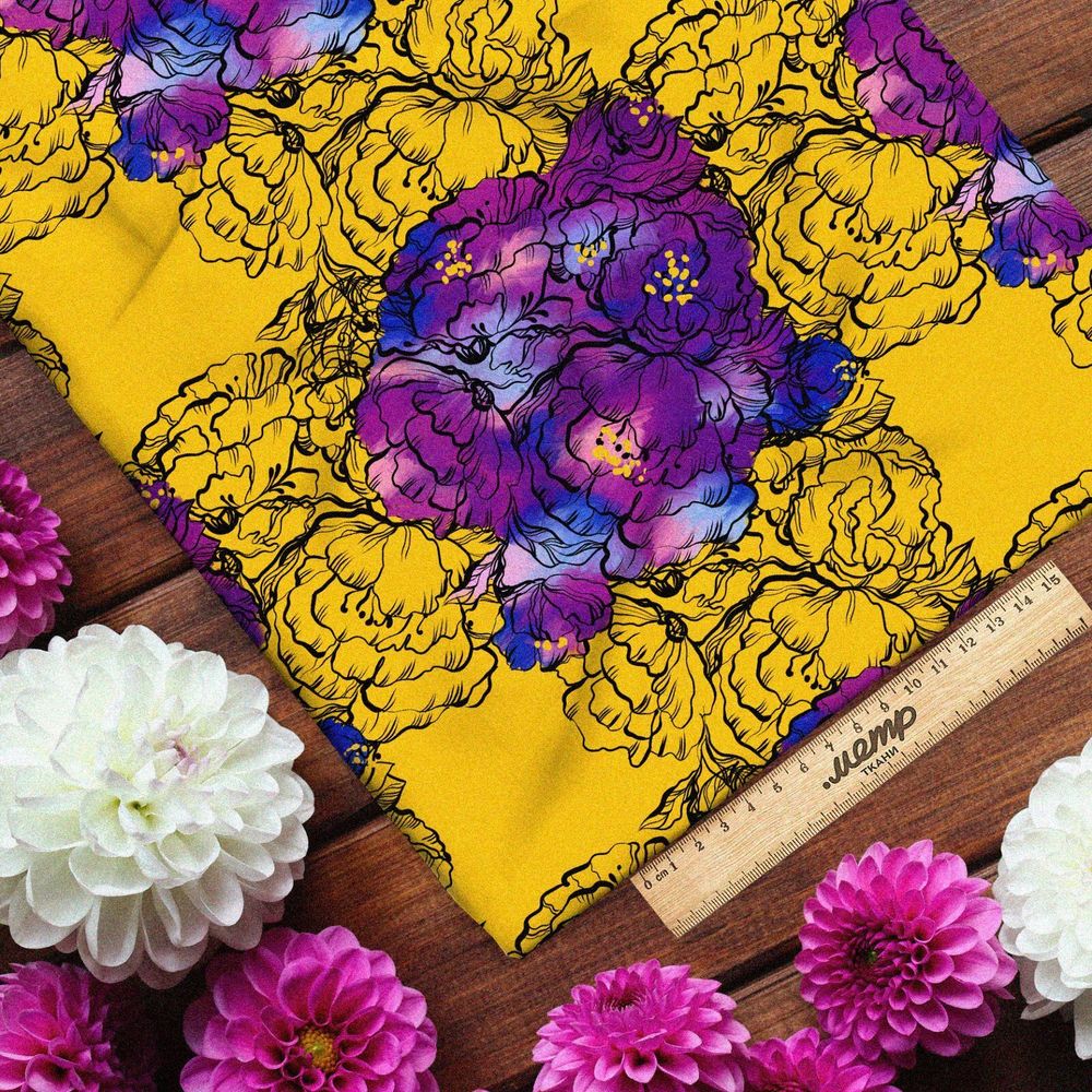 Ткань дюспо сине-фиолетовые цветы на жёлтом