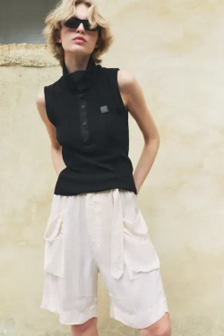 ZARA ТОП В РУБЧИК С НАШИВКОЙ, ЧЕРНЫЙ