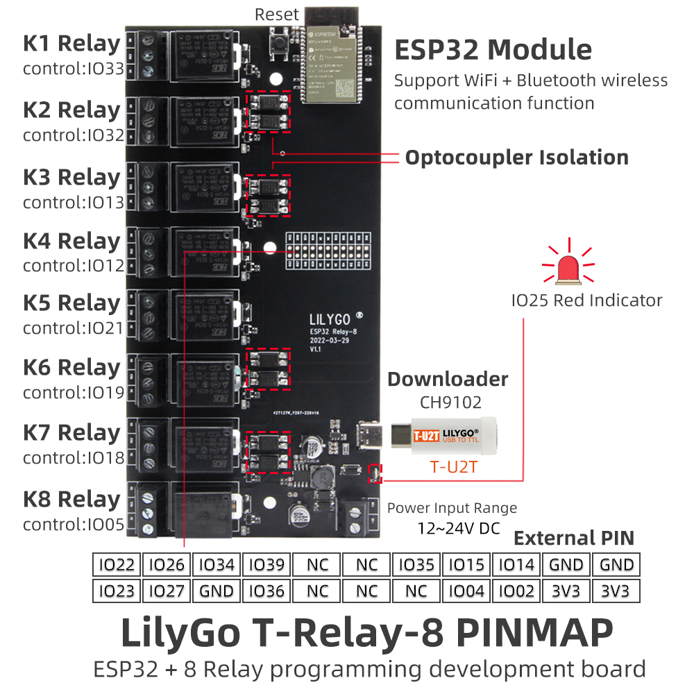 T-Relay-8 — плата ESP32, оснащенная 8-ью реле