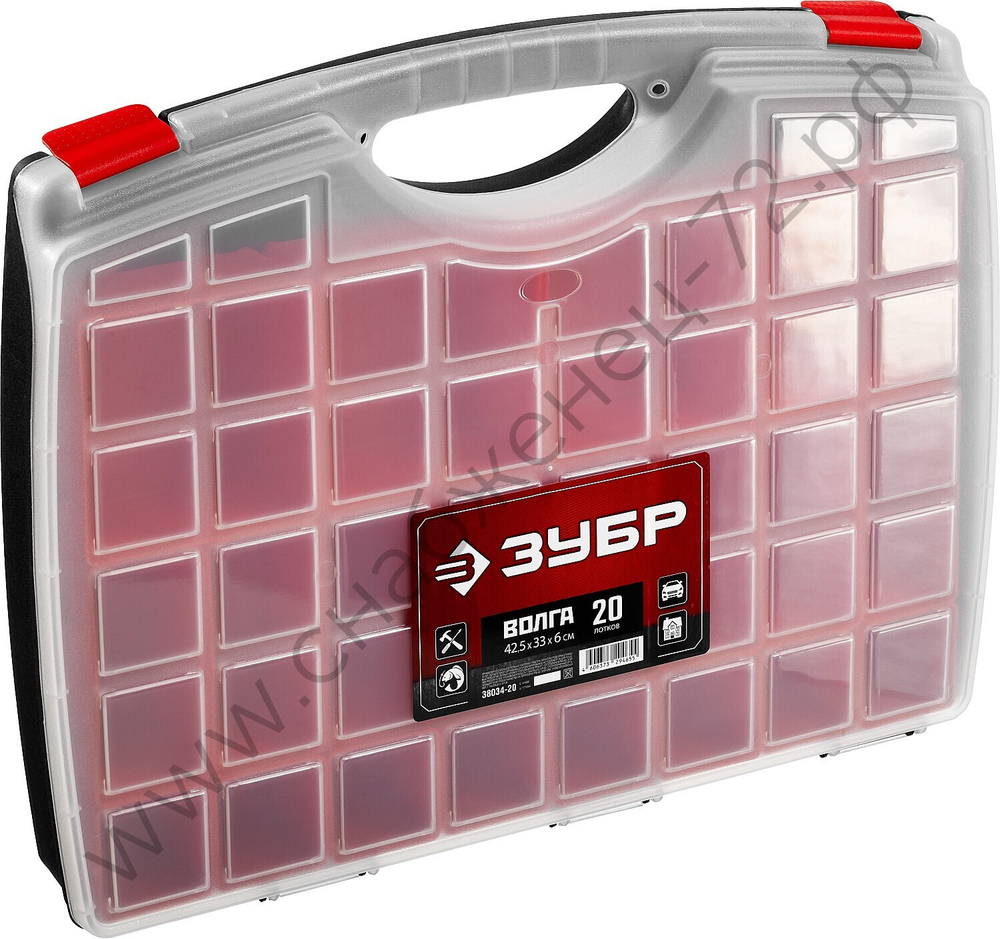 ЗУБР ВОЛГА-20, 425 х 330 х 60 мм, пластиковый органайзер с 20 съемными лотками (38034-20)