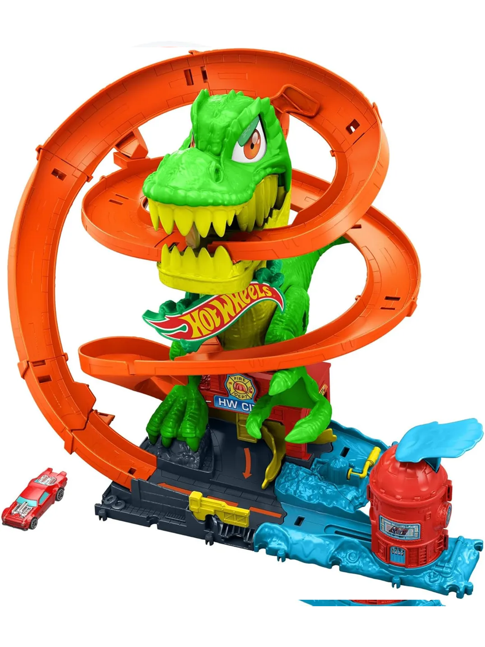 Hot Wheels JBM73 Ти-Рекс Пылающая битва, игровой набор с динозавром и машинками, трасса для трюков, оригинал Mattel