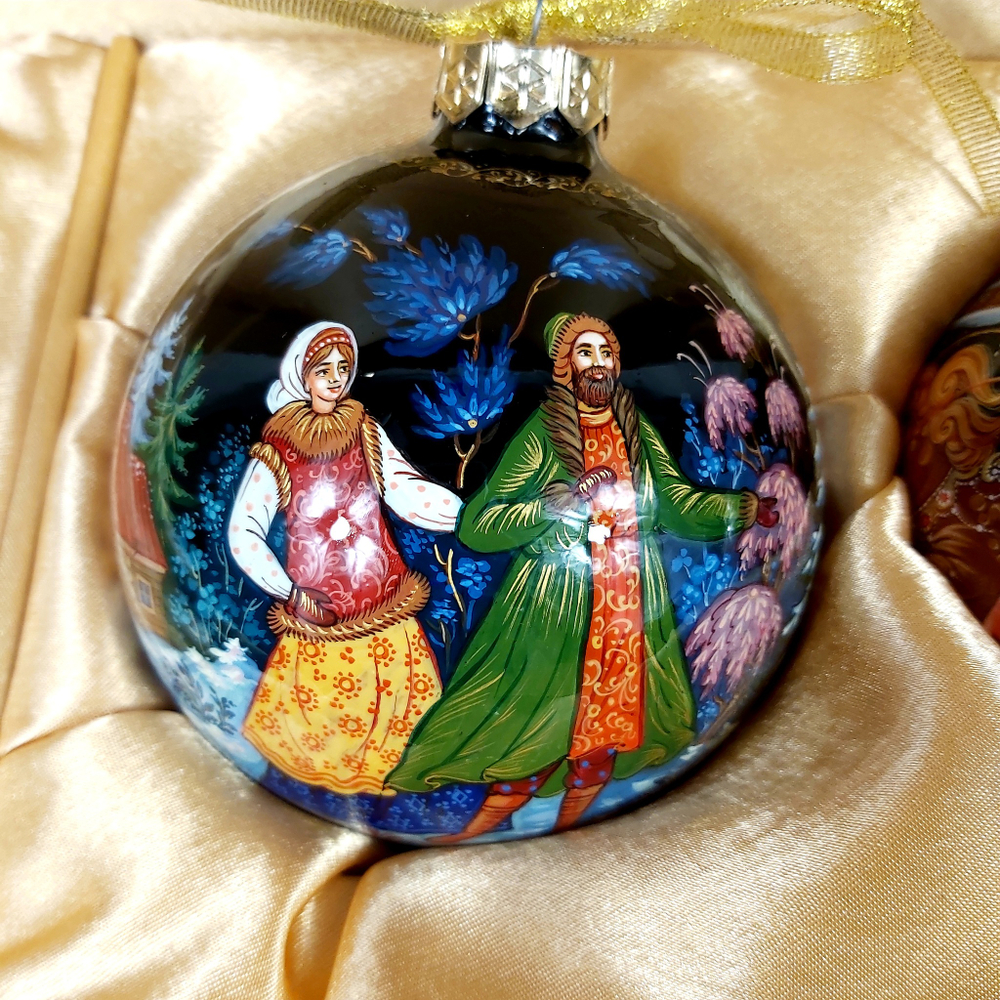 Сувенирный набор из 4-х новогодних шаров и верхушки с ручной росписью Палех "Сказки"
