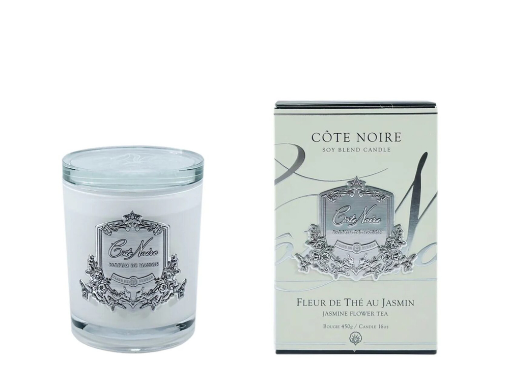 Свеча JASMIN FLOWER 450 гр, белый стаканчик, серебряный декор, время горения 100 Cote Noire 450 мл
