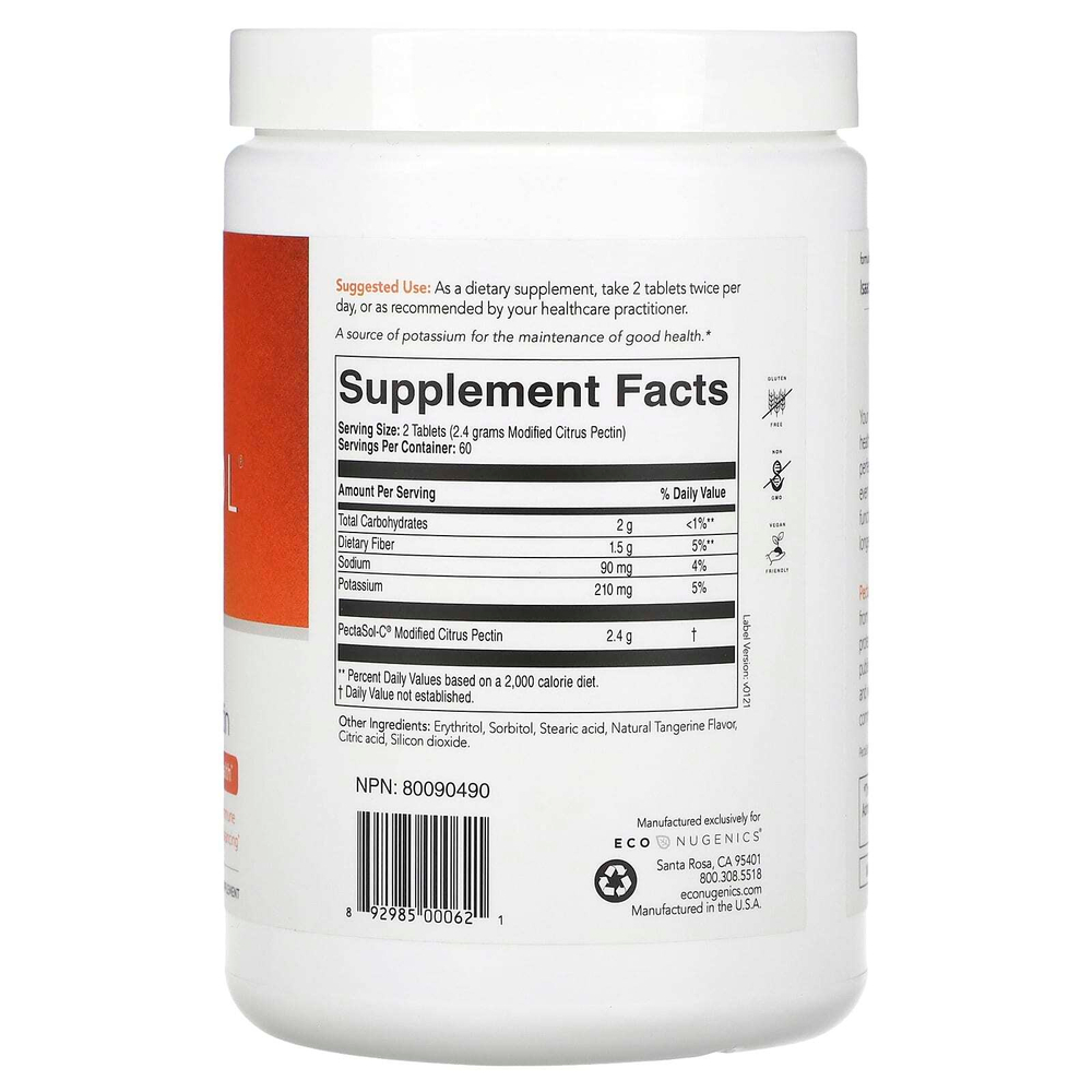 Econugenics, PectaSol®, модифицированный цитрусовый пектин, настойка мандарина, 120 жевательных таблеток