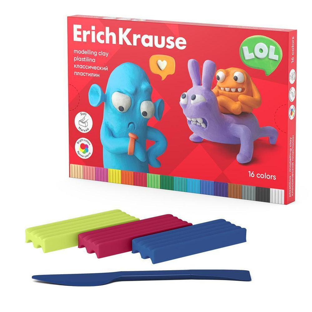 Пластилин классический со стеком 16 цветов, 288 г "Jolly Friends" (ErichKrause)