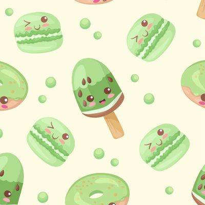 Зеленый летний паттерн. Мороженое с киви, макарун, пончик. Веселые милые персонажи.