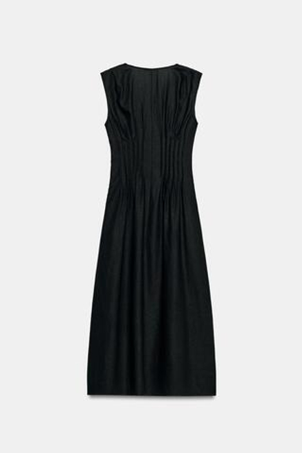 ZARA ЛЬНЯНОЕ ПЛАТЬЕ МИДИ С ДЕКОРАТИВНЫМИ ЗАЩИПАМИ, ЧЕРНЫЙ