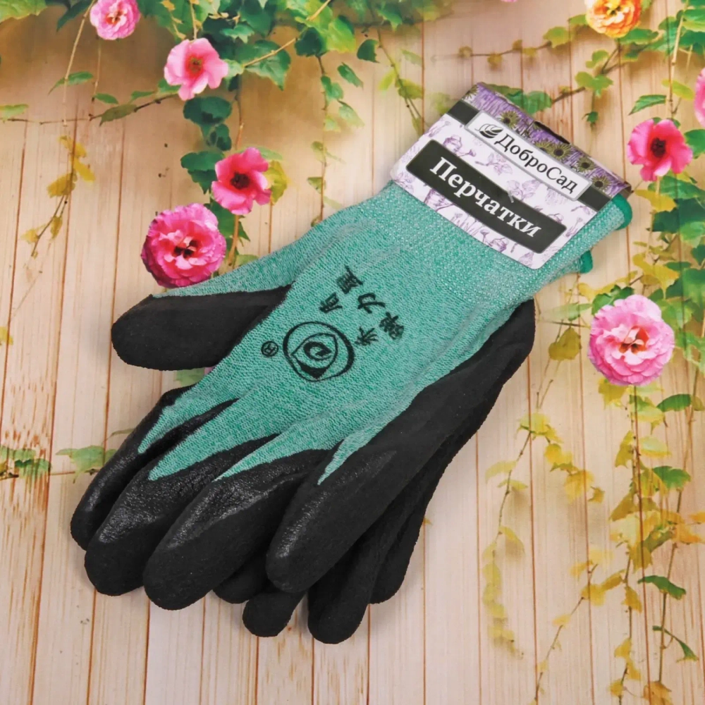 Перчатки нейлоновые «Меланж» с резиновым покрытием полуоблитые, зеленые 10 р-р ДоброСад