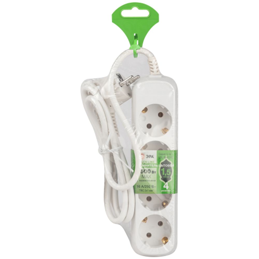 Удлинитель электрический ЭРА UDL-16-415-E Greenline 4 розетки с заземлением 1,5м ПВС 3x1мм2