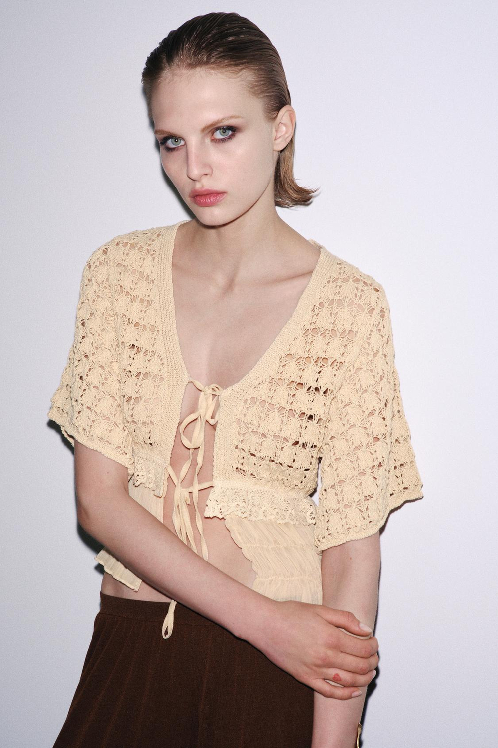 ZARA КОМБИНИРОВАННЫЙ ТРИКОТАЖНЫЙ КАРДИГАН, АБРИКОСОВЫЙ