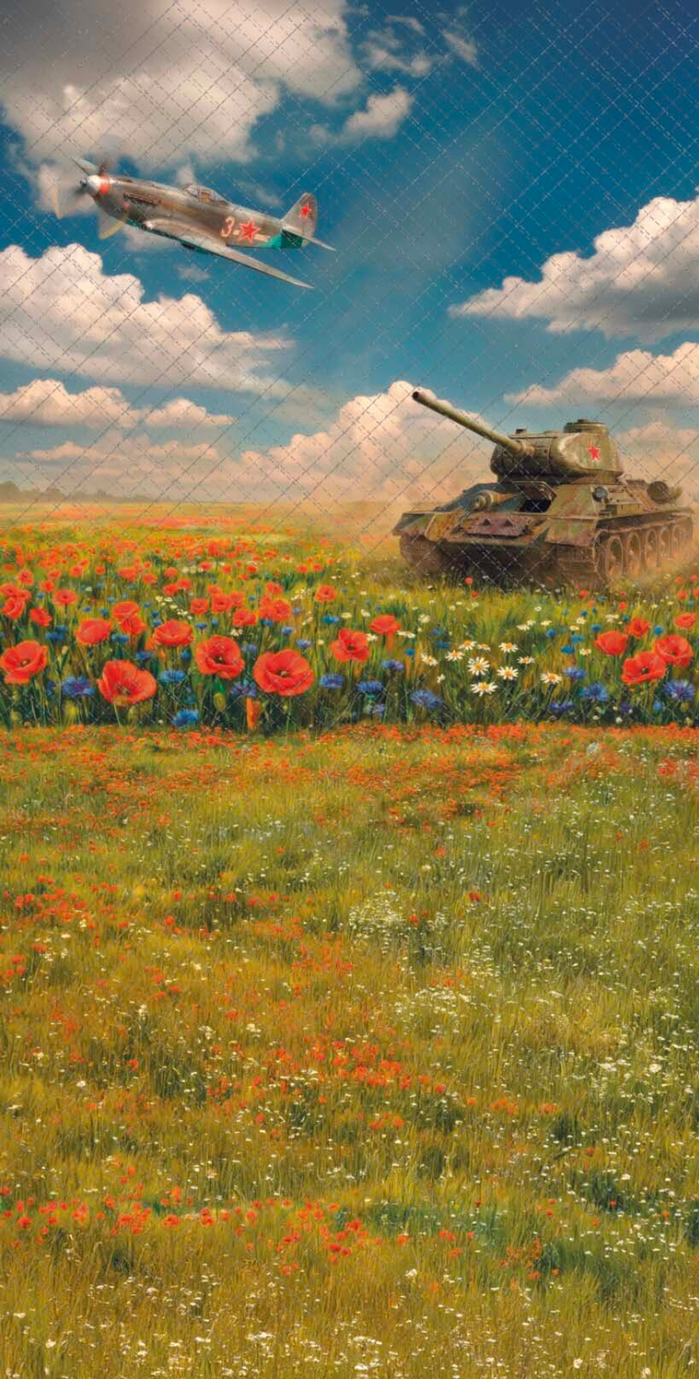 Самолет и танк в поле сюжет к 9-му Мая №2 - фон неопреновый