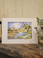 Картина авторская акварельная в паспарту 21х30 см на стену для интерьера "Разлив Осетра"