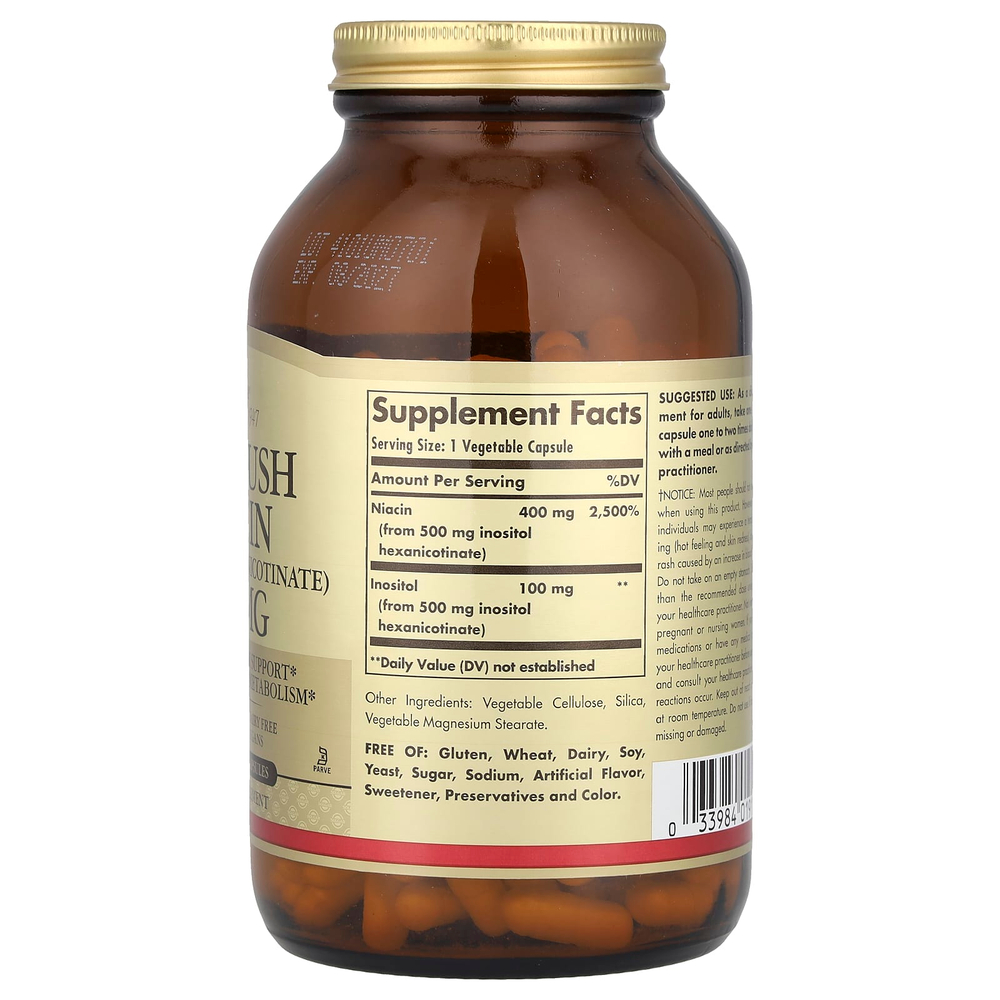 Solgar, ниацин, не вызывающий покраснений, 500 мг, 250 растительных капсул