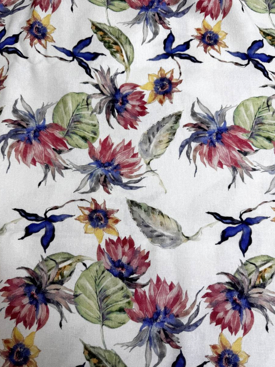 Плательная лен принт цветы/листья синий/бордо/желтый на белом PHARMA RH#3