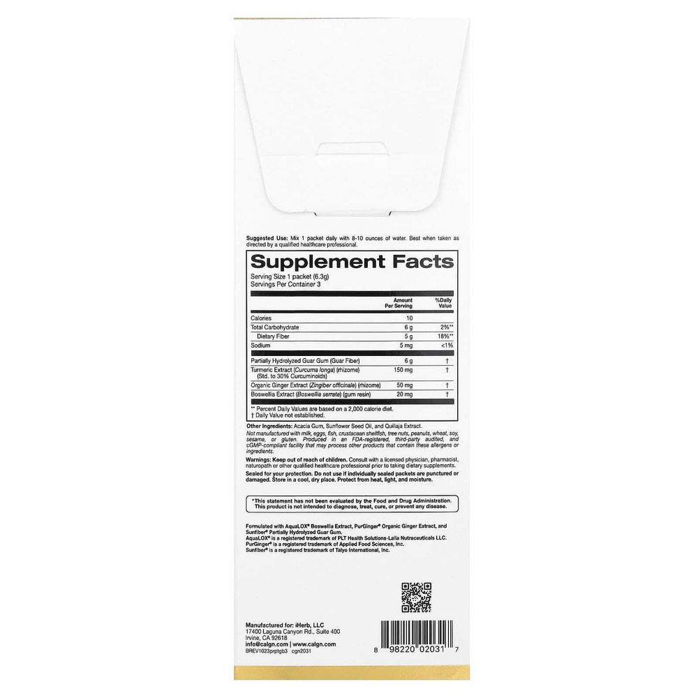 California Gold Nutrition, пребиотическая клетчатка с экстрактами куркумы, органического имбиря и босвеллии, 3 пакетика по 6,3 г (0,22 унции)