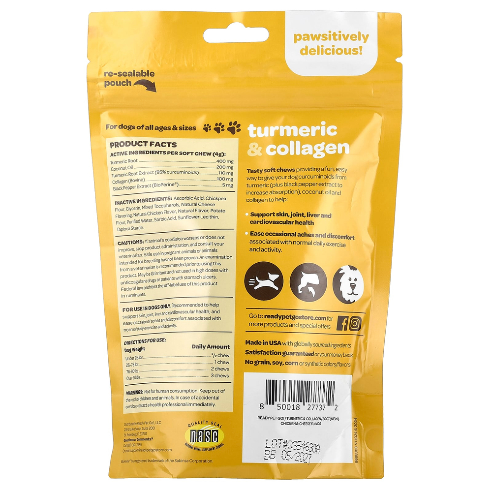 Ready Pet Go, Куркума и коллаген, для собак всех возрастов, со вкусом курицы и сыра, 60 мягких жевательных таблеток, 240 г (8,5 унции)