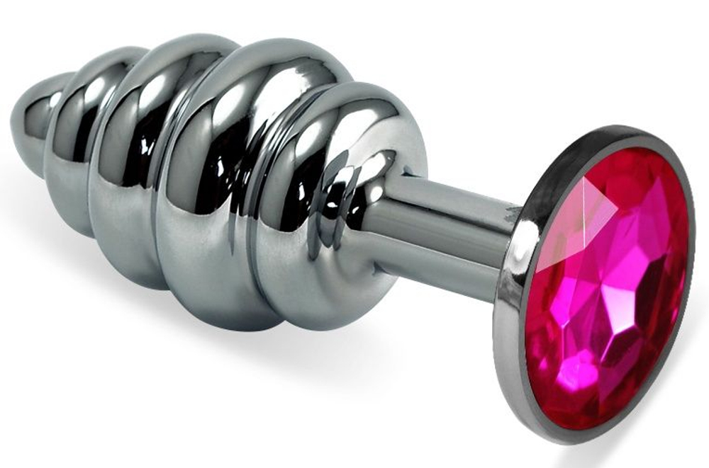 Серебристая ребристая металлическая анальная пробка с розовым кристаллом - 8 см. (Цвет: розовый)