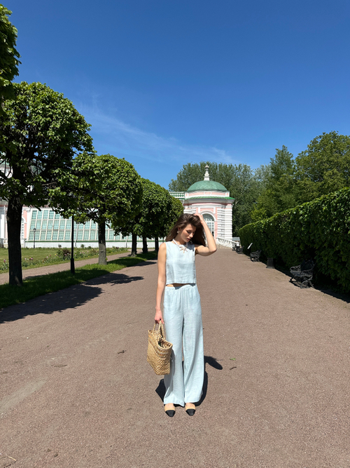 Брюки изо льна прямые голубые