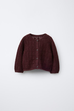 ZARA ВЯЗАНЫЙ АЖУРНЫЙ КАРДИГАН С КАШЕМИРОМ, БАКЛАЖАННЫЙ