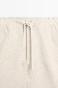 ZARA Льняные шорты-бермуды с эластичным поясом, кремовый