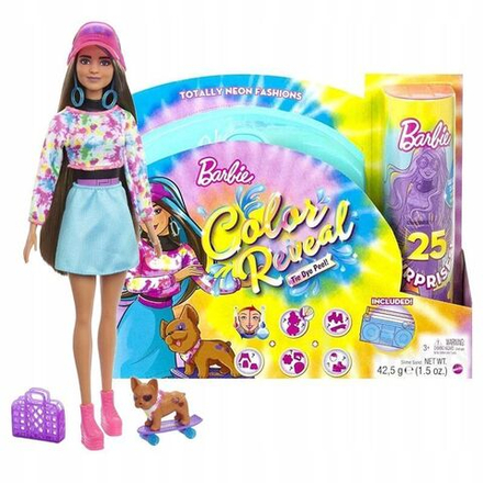 Кукла Barbie Mattel Набор Color Reveal Neon Tie-Dye Барби с 25 сюрпризами Неоновая кукла HCD28